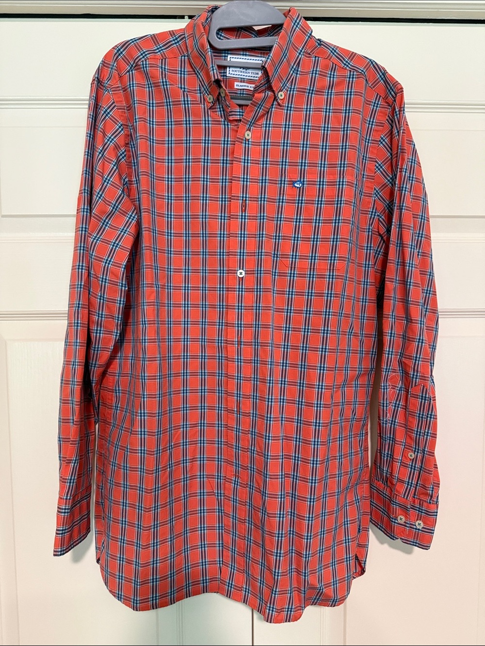 Southern Tide Coral-Orange and Blue Plaid Button-Down Shirt